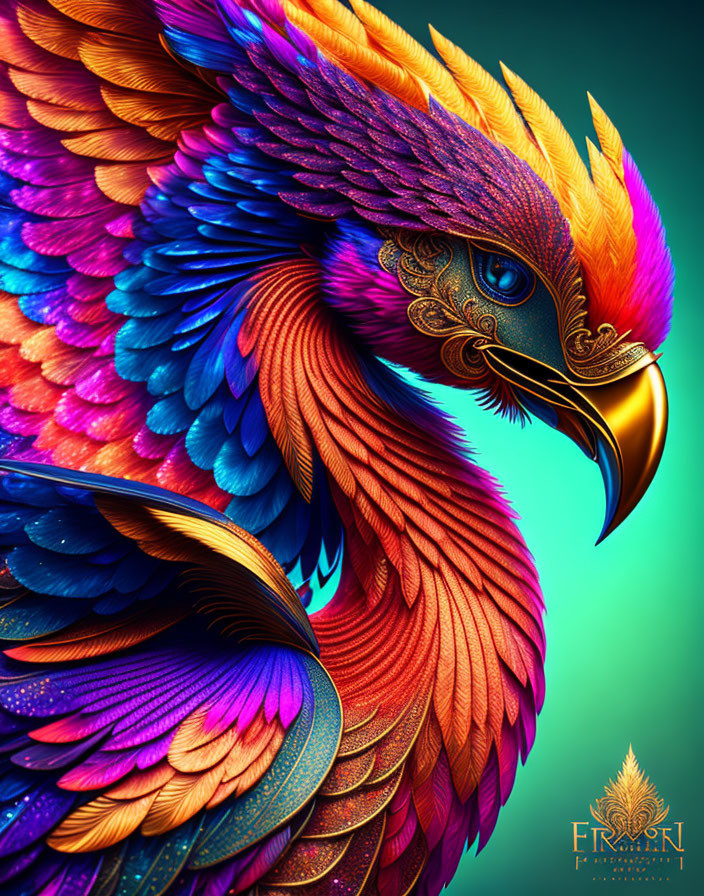 Colorful digital artwork of stylized bird with vibrant feathers in blue, orange, and purple