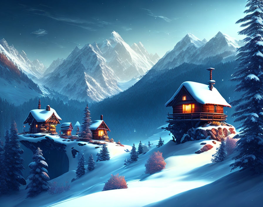 Snow-covered cabins in serene winter landscape at dusk with glowing windows and frosty trees.