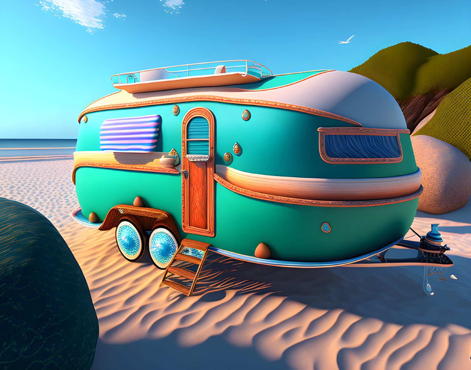 Teal Retro-Futuristic Caravan with Chrome Accents on Sandy Beach