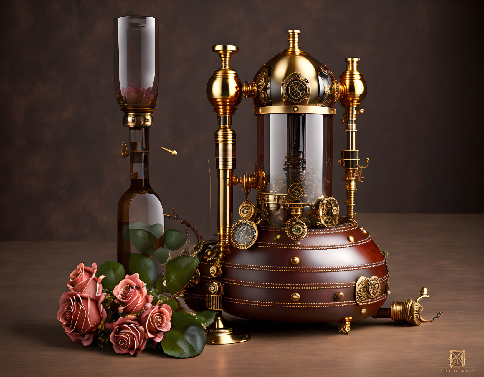 Steampunk-style coffee machine with brass and copper details next to flowers on a wooden table