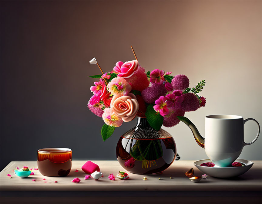 Vibrant flower bouquet, teapot, teacup, and sweets on table.