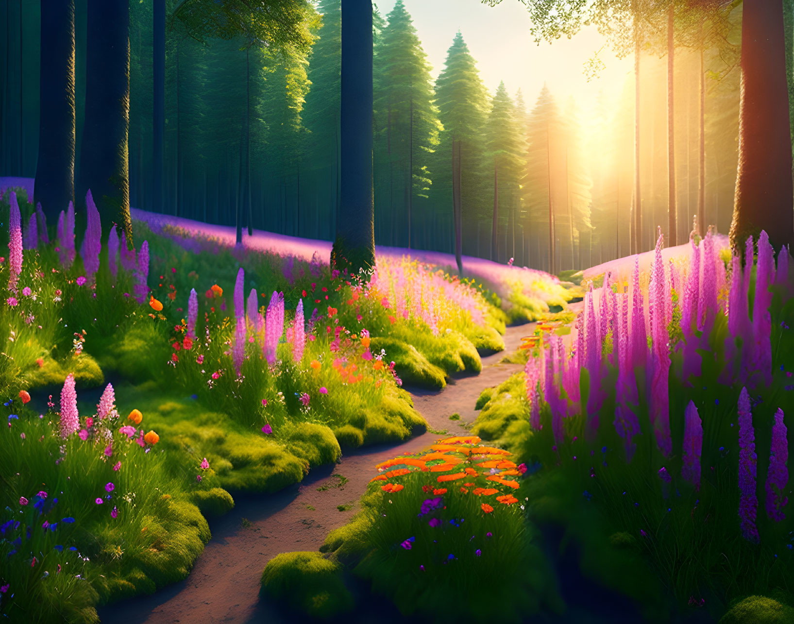 Enchanting forest path with vibrant flowers and sunrise glow