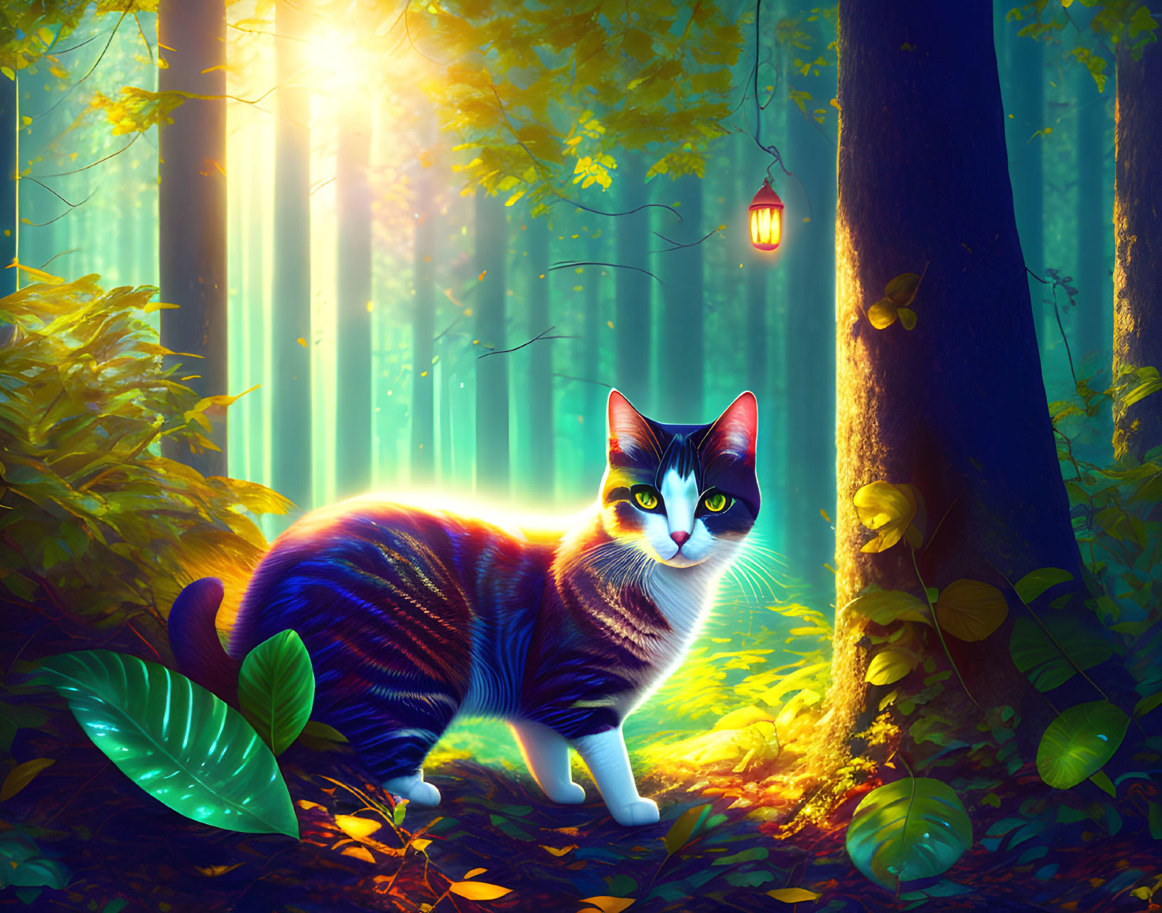 Vibrant Cat Illustration in Mystical Forest with Lantern