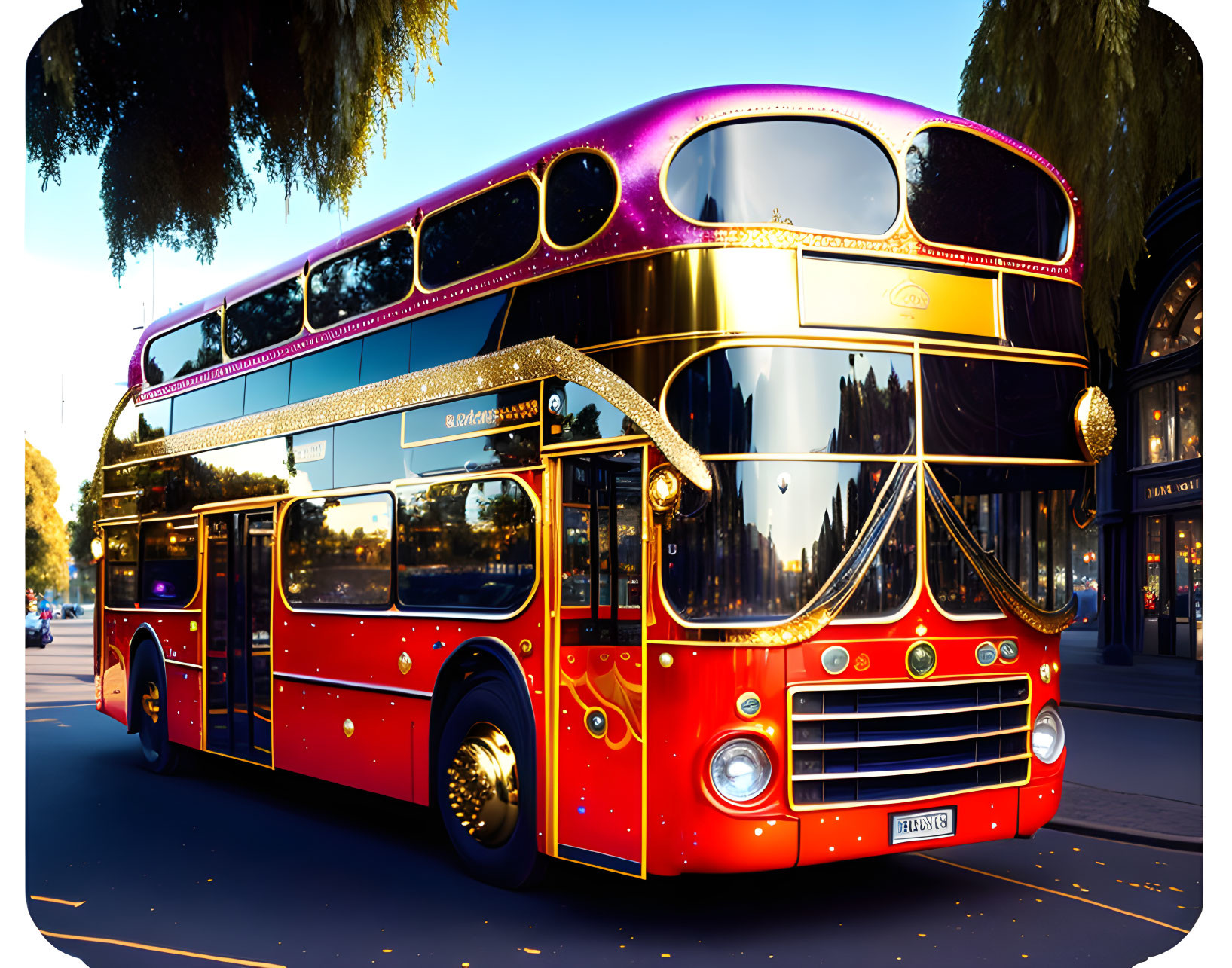 Colorful festive double-decker bus with holiday lights parked on street at dusk