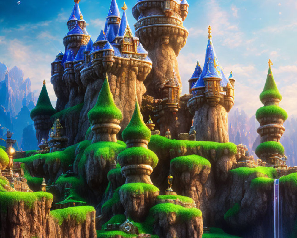 Majestic castles on steep cliffs in lush fantasy landscape