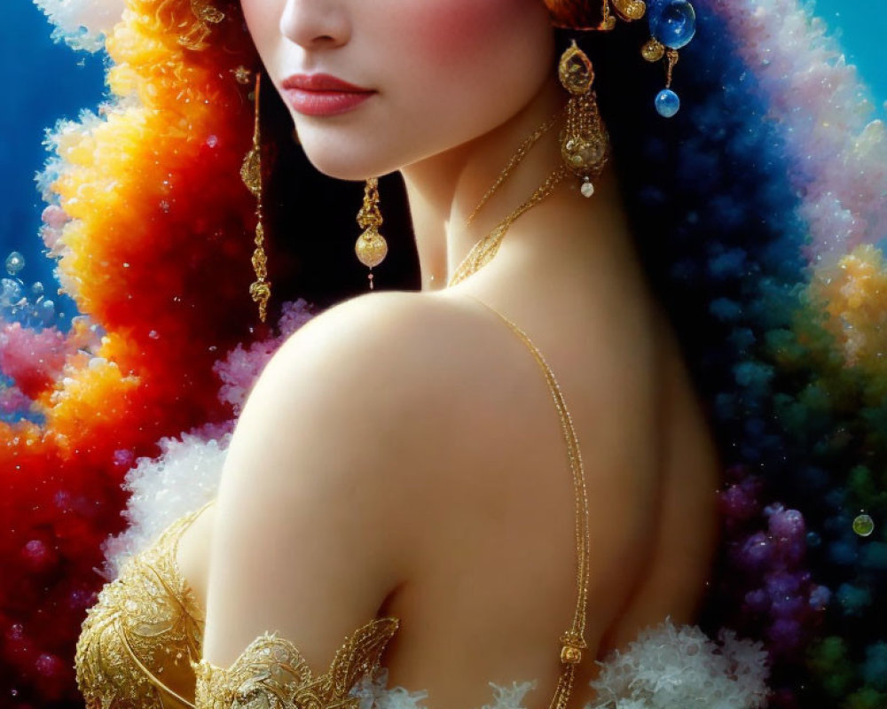 Curly Red-Haired Woman in Gold Jewelry on Colorful Background