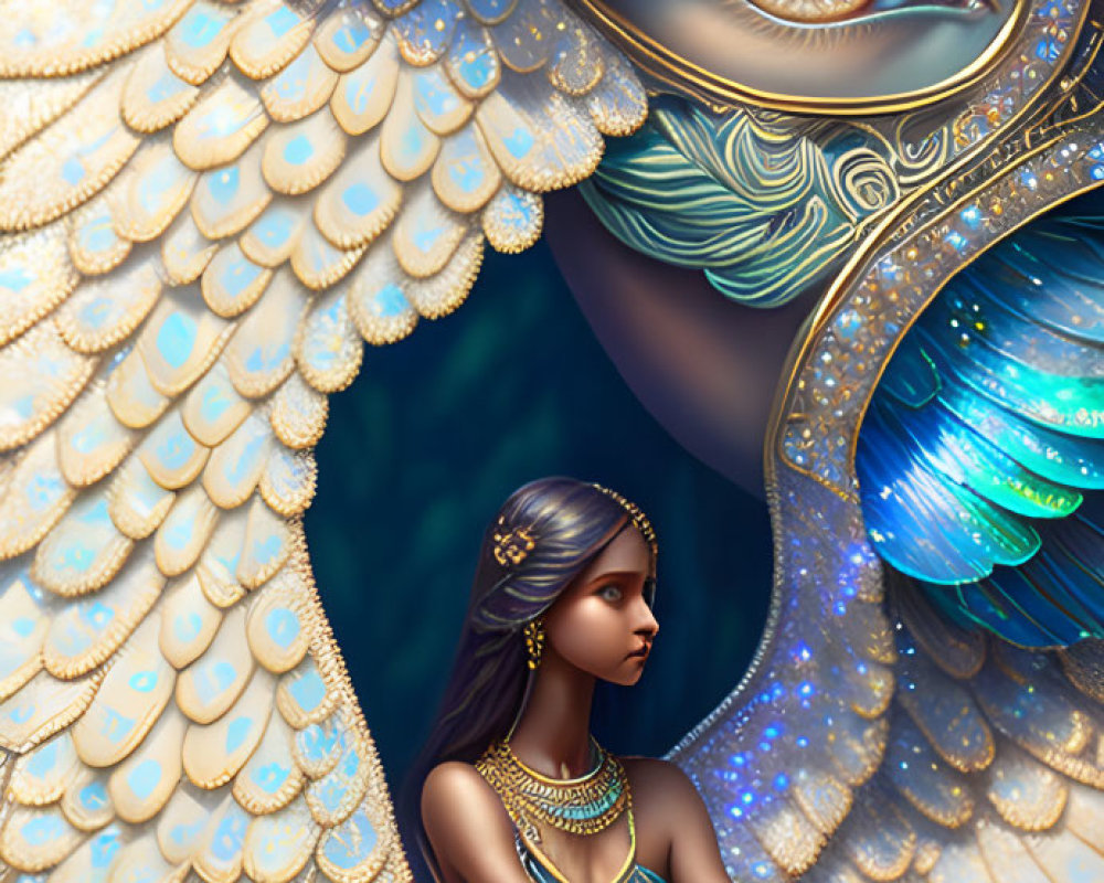 Detailed artwork featuring woman with golden jewelry and peacock design