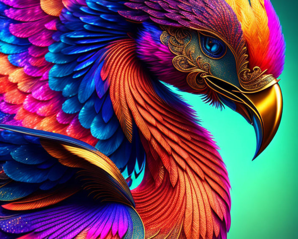 Colorful digital artwork of stylized bird with vibrant feathers in blue, orange, and purple