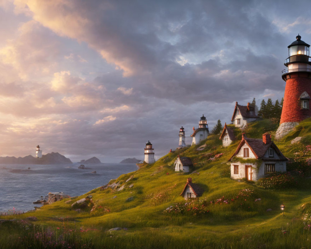 Tranquil sunset coastal scene with lighthouses and cottages on grassy cliffs