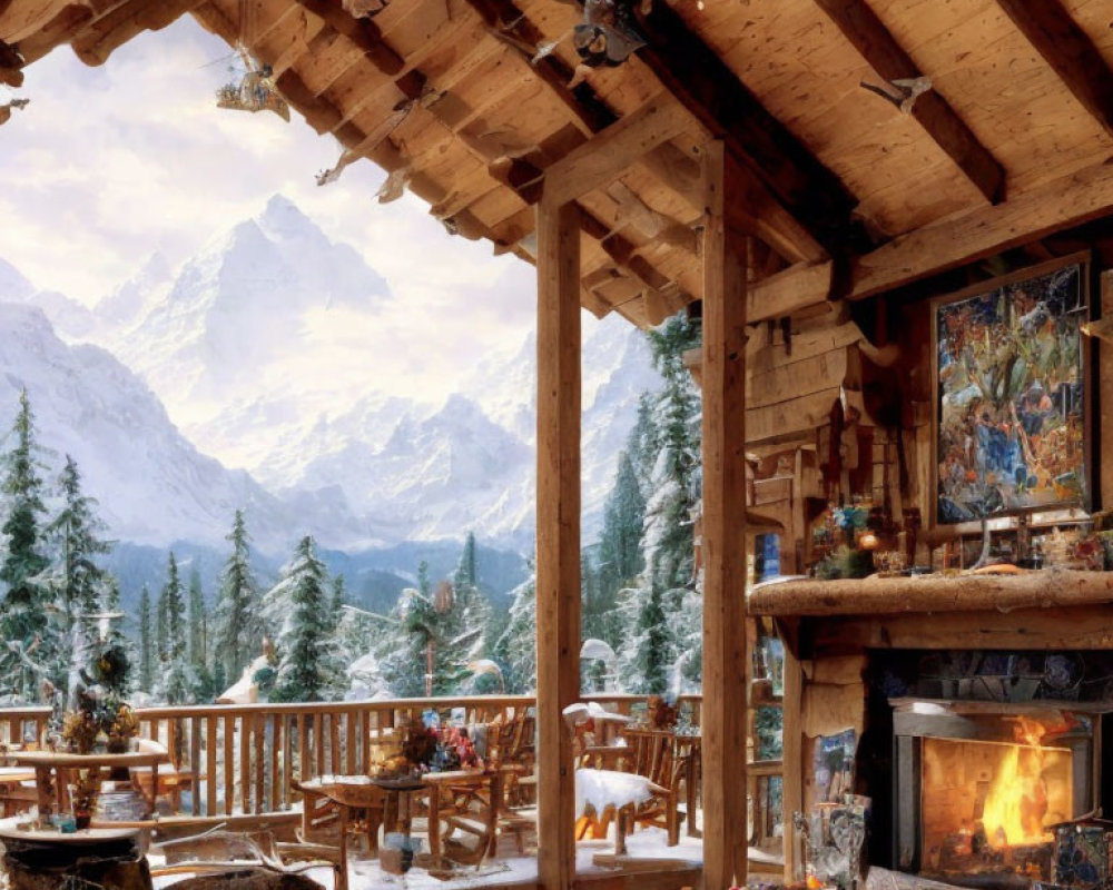 Mountain cabin interior with fireplace, wooden decor, snowy landscape view