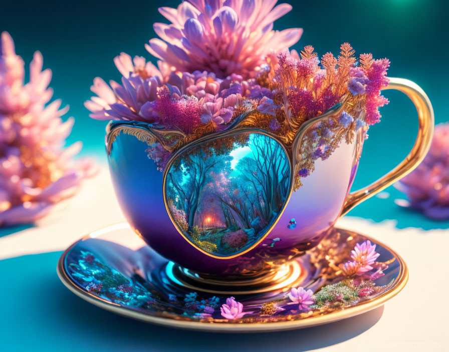 Ornate teacup with forest scene and pink flowers on turquoise background