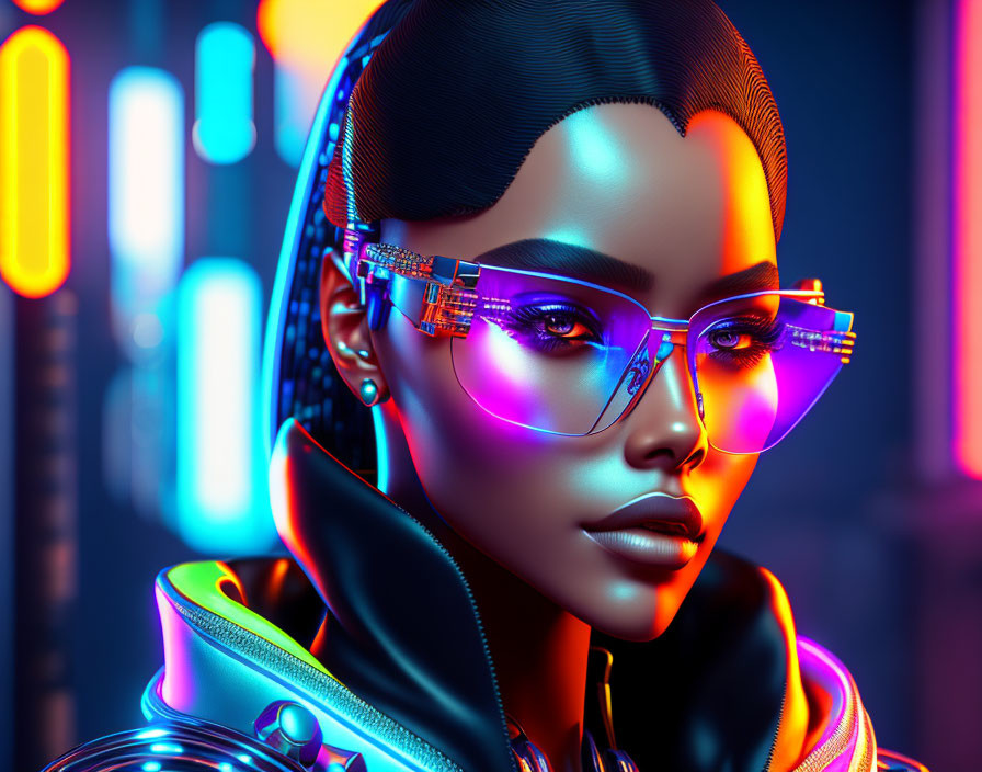 Futuristic woman in neon-lit glasses and sleek attire with vibrant neon lights