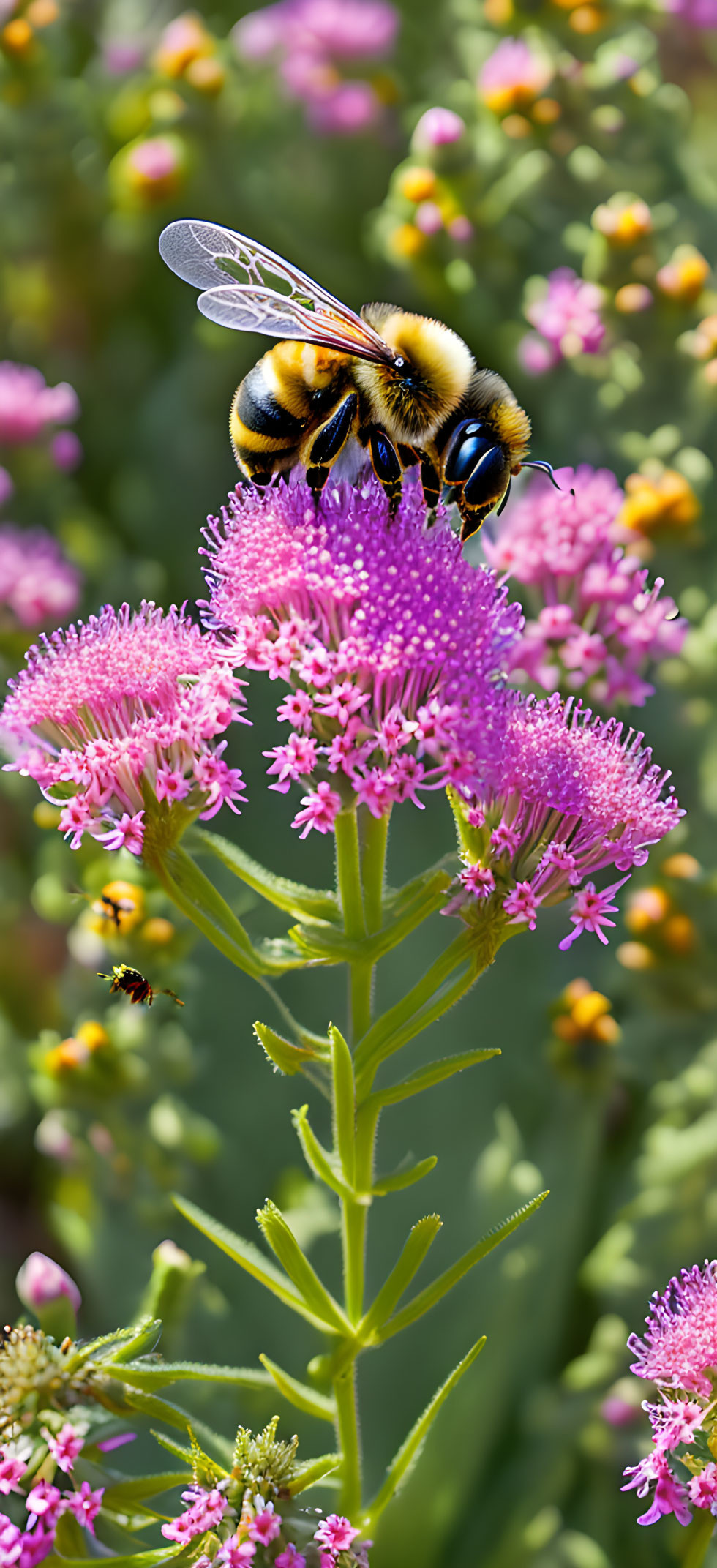 Bee on vibrant purple flowers with small yellow centers and flying insect.