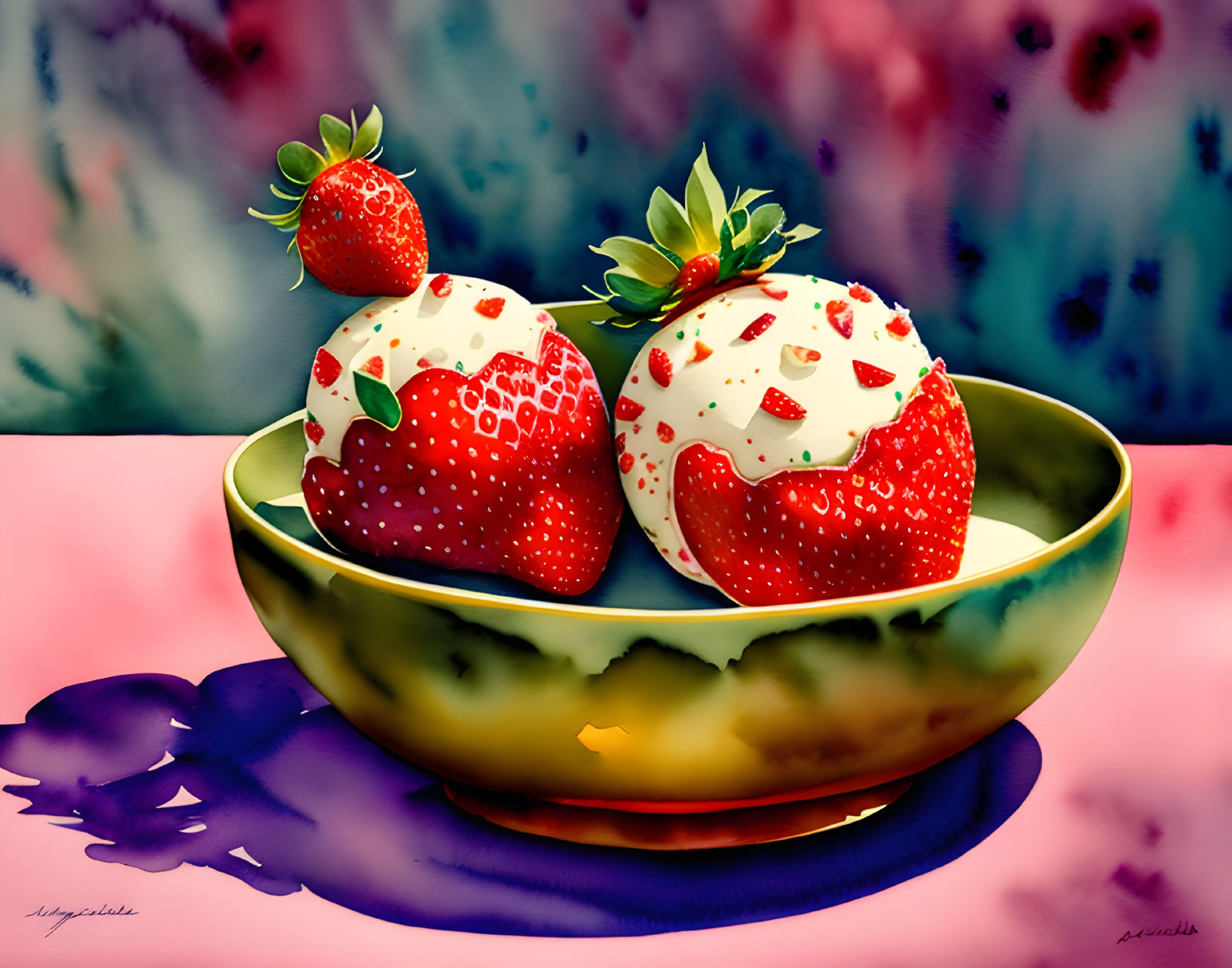 Fresh strawberries with whipped cream on green plate against watercolor background