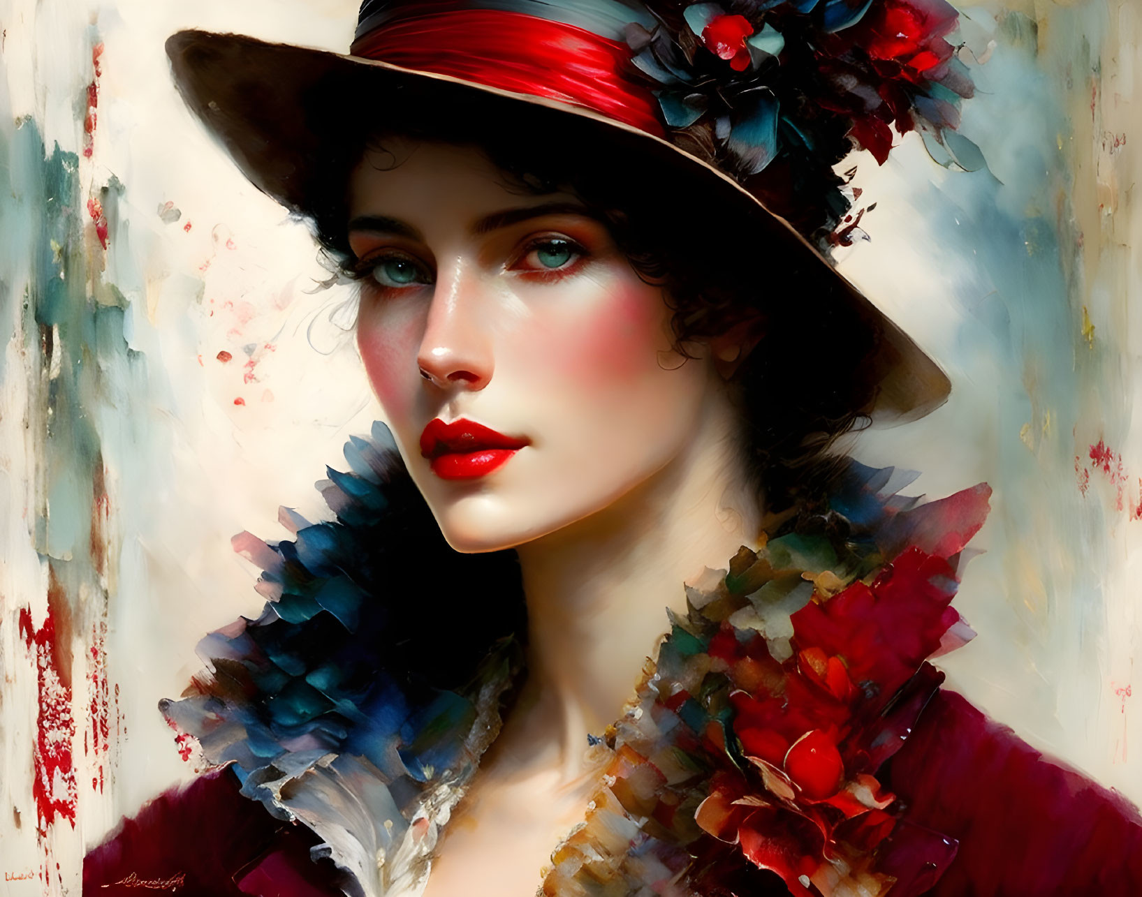 Portrait of a Woman in Hat with Red Ribbon and Flowers