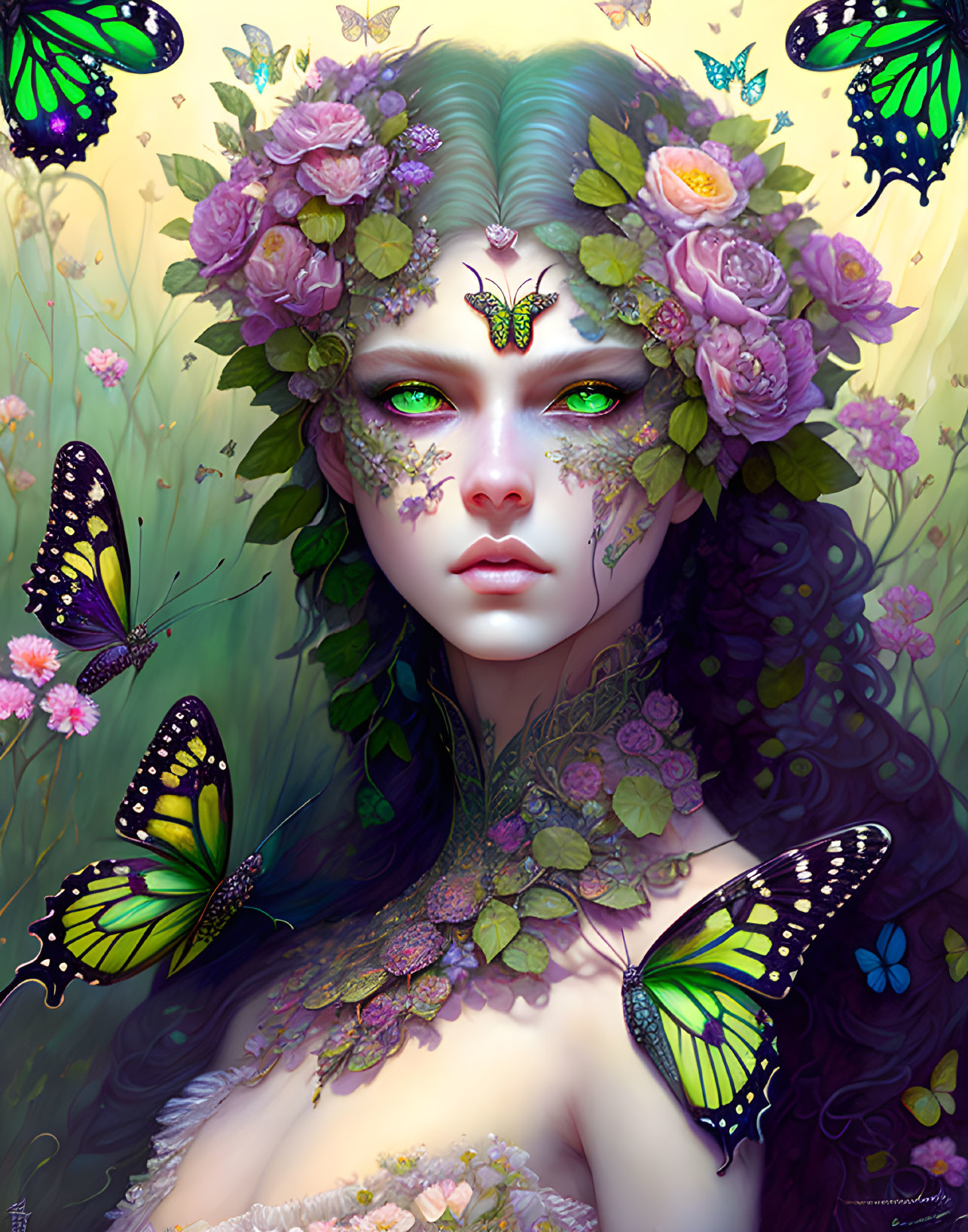 Fantasy portrait of woman with green eyes, adorned with flowers and butterflies