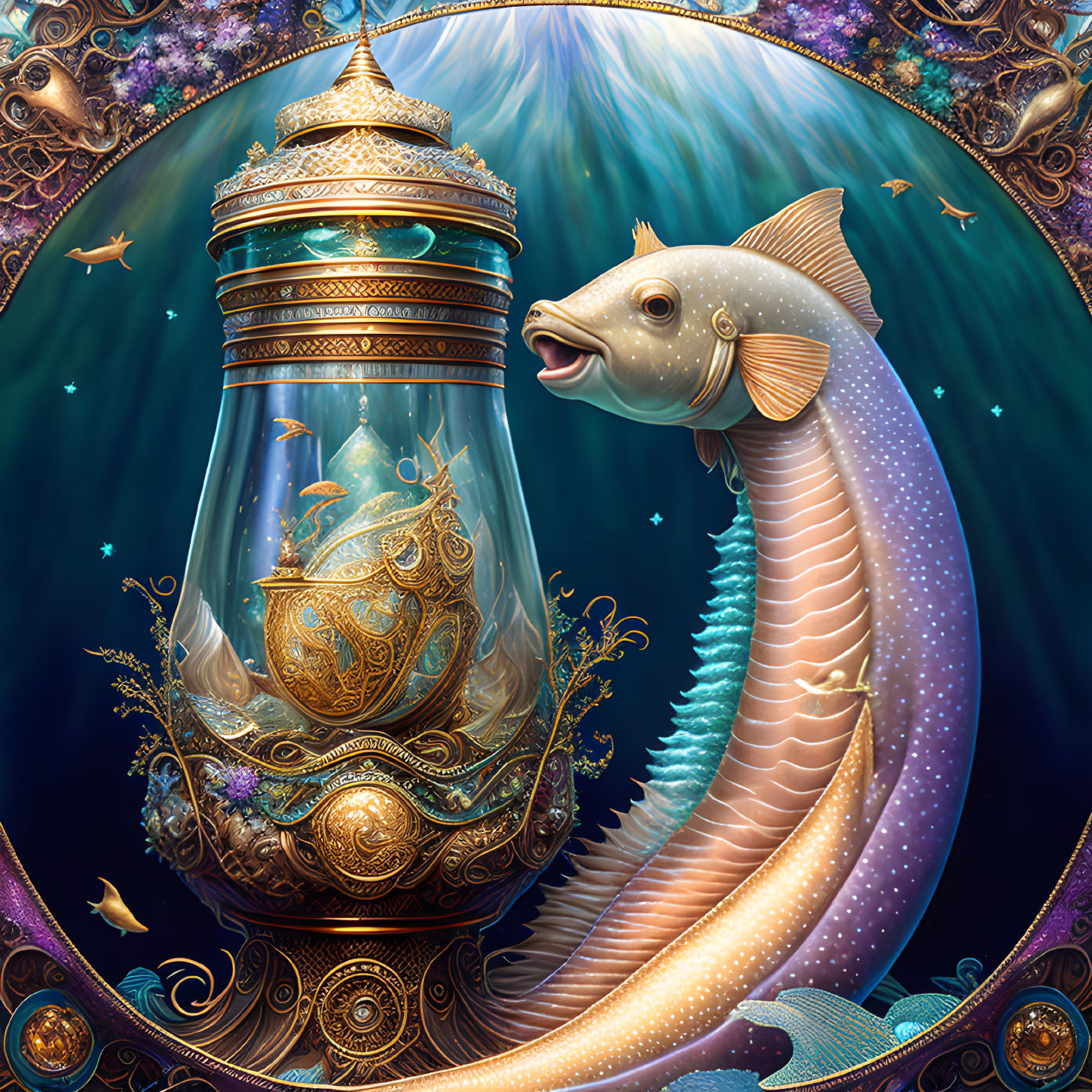 Surreal illustration: Giant fish encircling ornate lantern with mini ocean ecosystem against celestial background