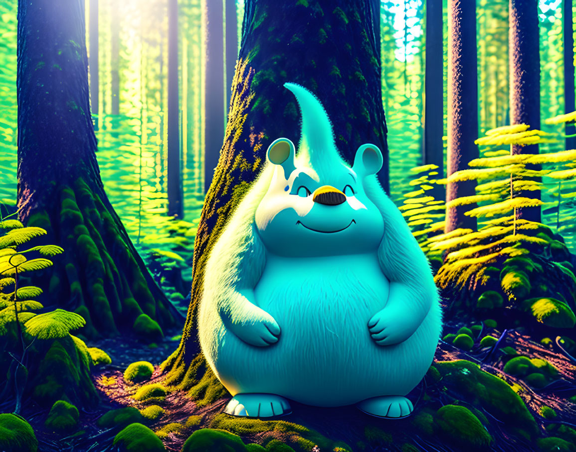 White-Furred Cartoon Creature in Sunlit Forest