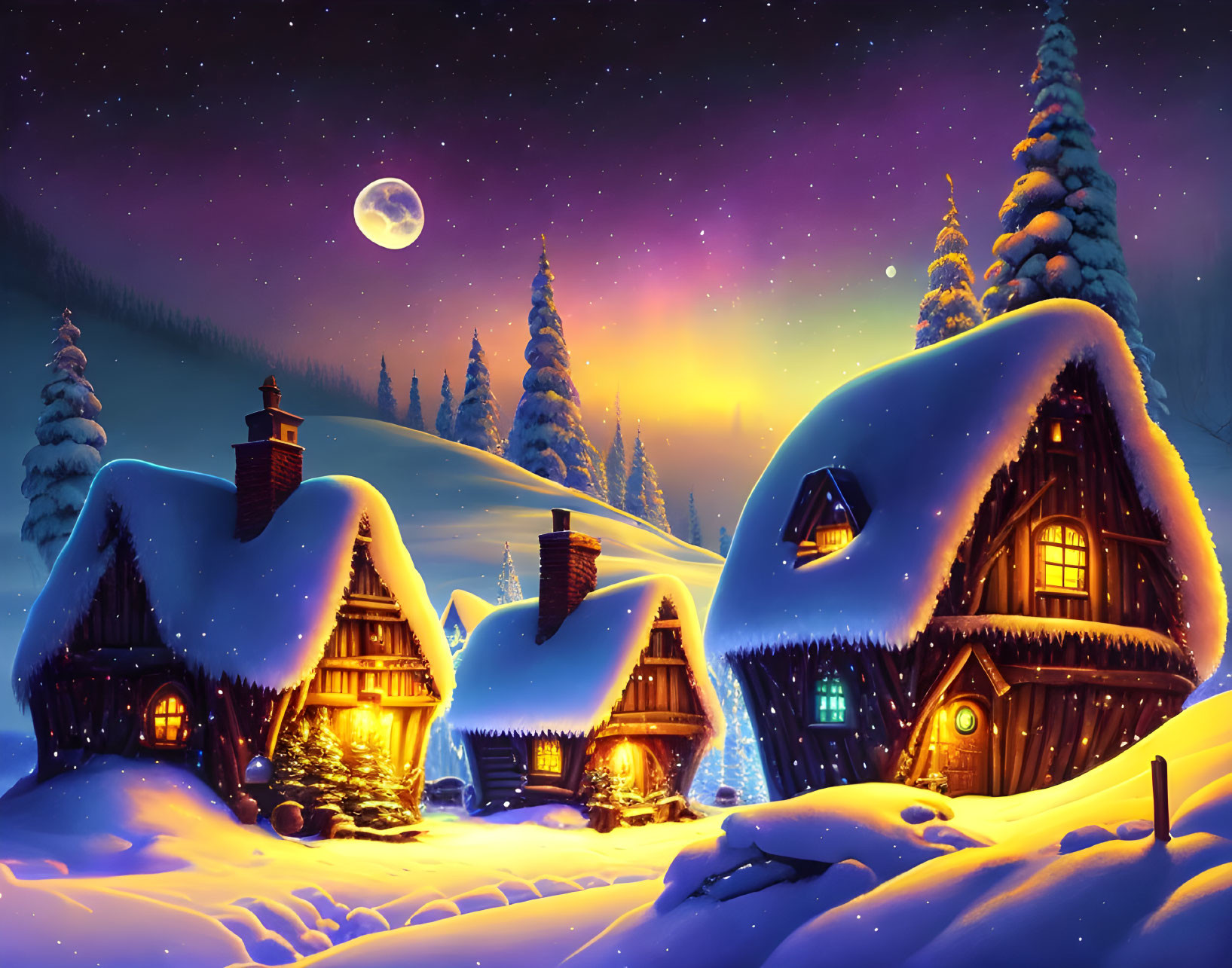 Winter scene: Glowing cottages in snowy forest under starry sky