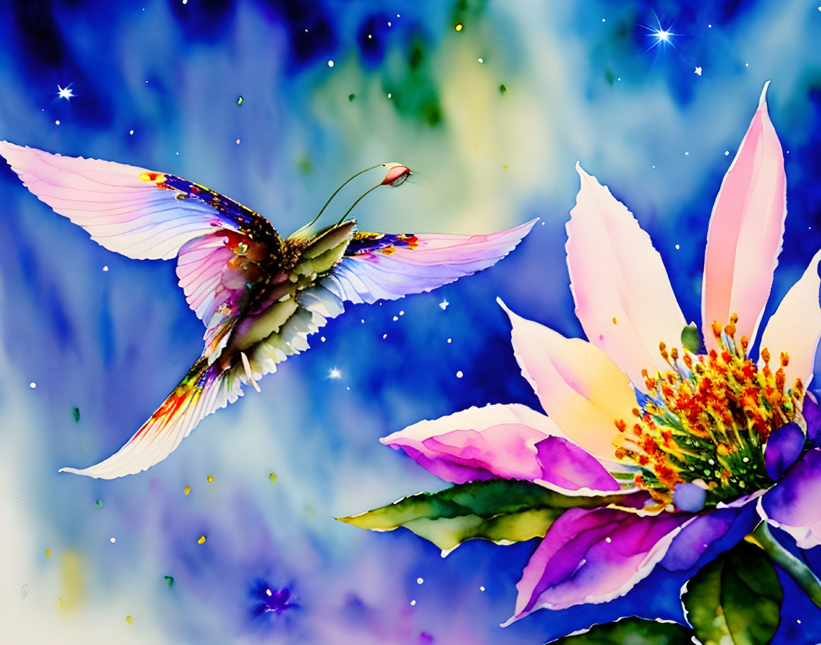 Colorful Hummingbird Approaching Flowers in Starry Night Sky