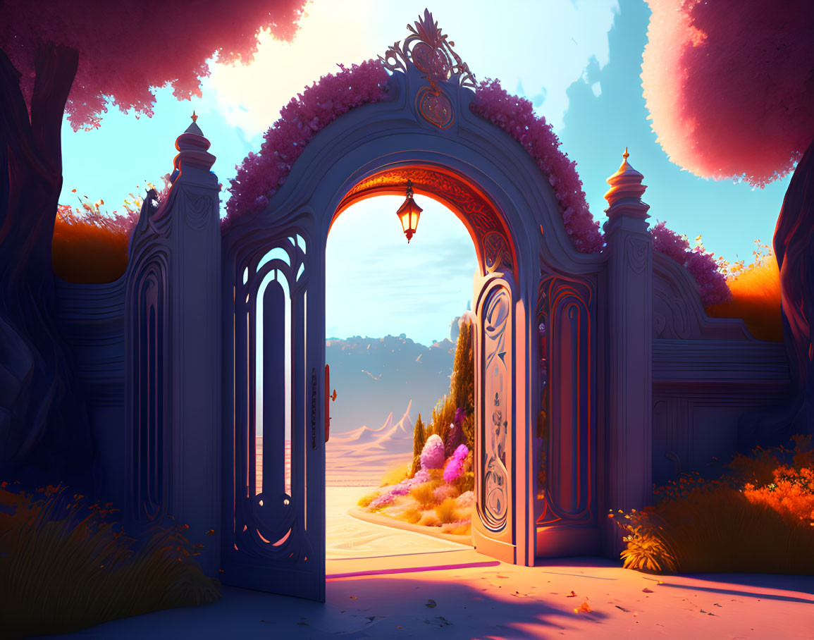 Ornate open gate to vibrant fantasy landscape with purple trees, lamp post, and sunset sky