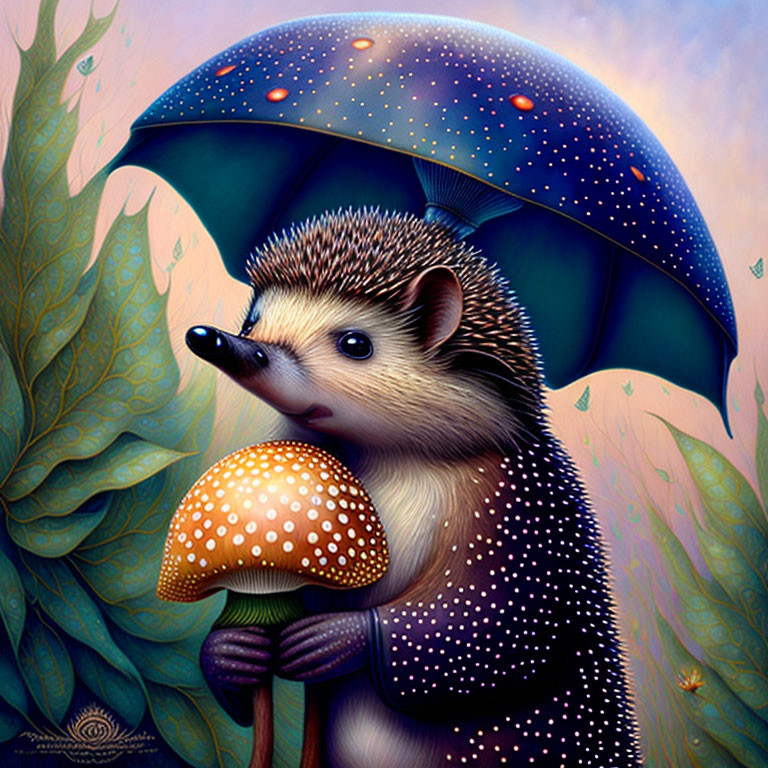 Illustrated hedgehog with mushroom umbrella in whimsical setting