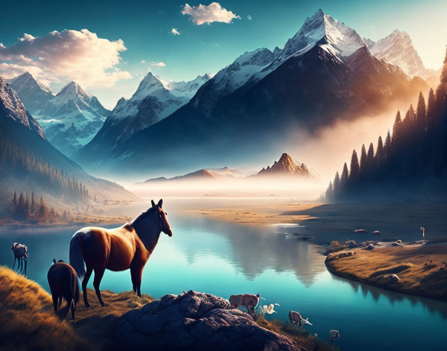 Tranquil landscape with horse, sheep, and mountains