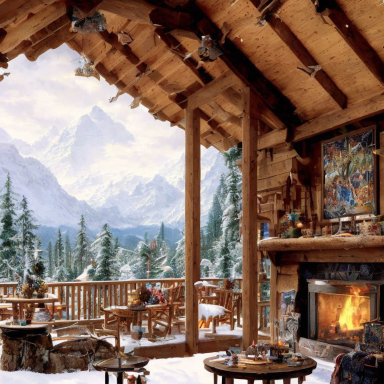 Mountain cabin interior with fireplace, wooden decor, snowy landscape view