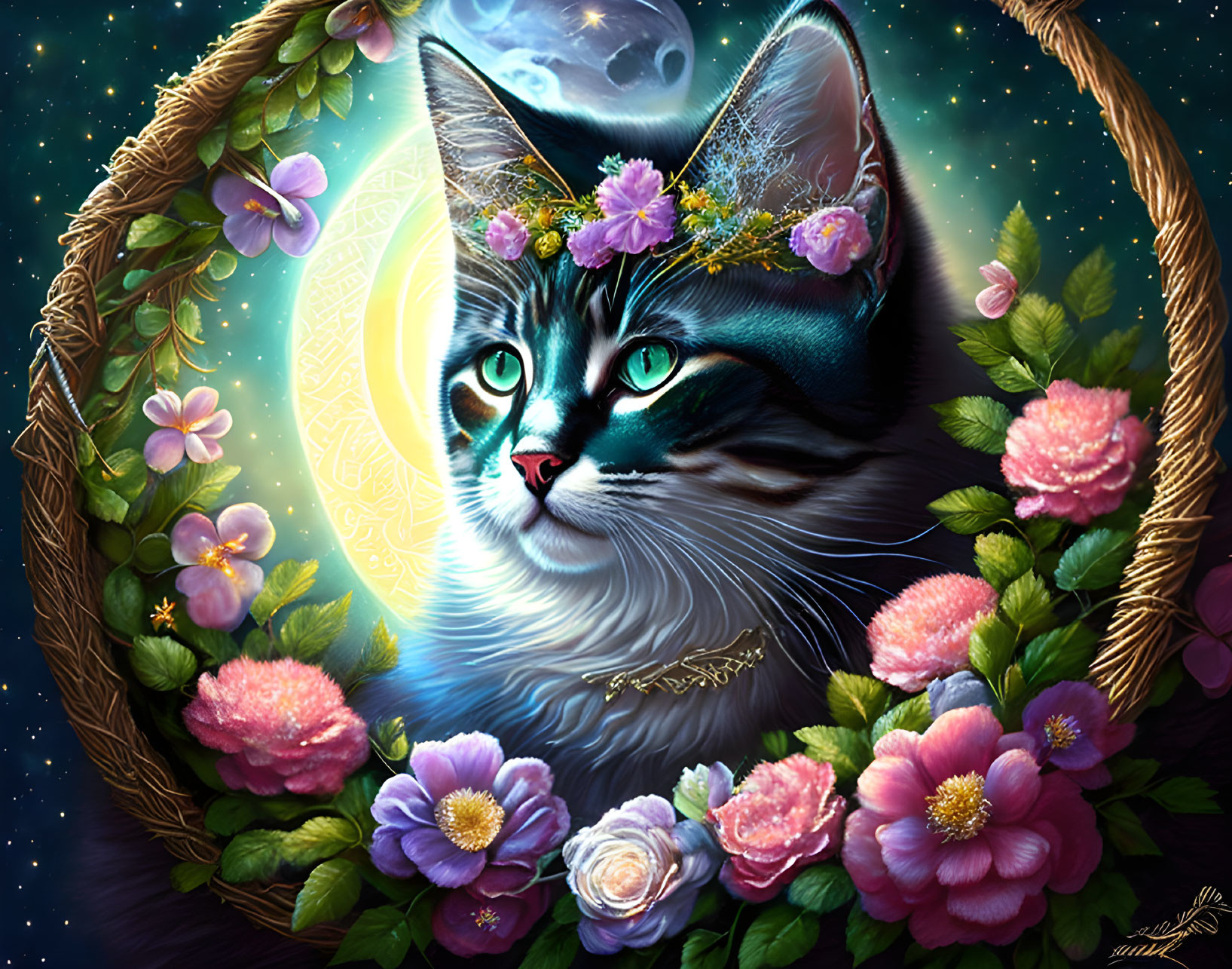 Cat with floral wreath and crescent moon halo in cosmic setting.