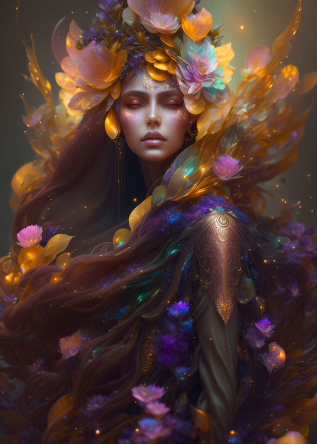 Ethereal woman with vibrant flowers and feathers, serene expression