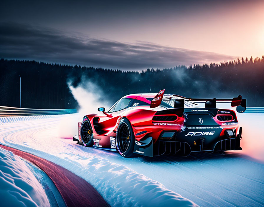 Red Racing Car Drifting on Snowy Track with Forest and Purple Sunset Sky