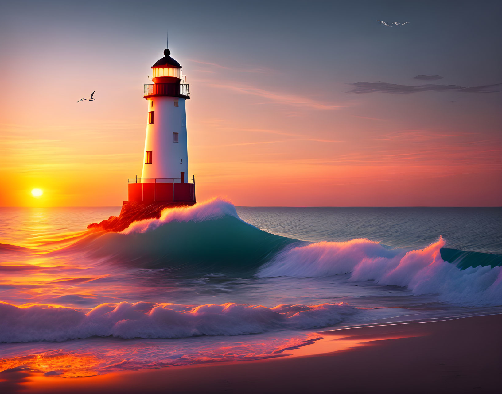 Rocky outcrop lighthouse at sunset with crashing waves and birds in flight