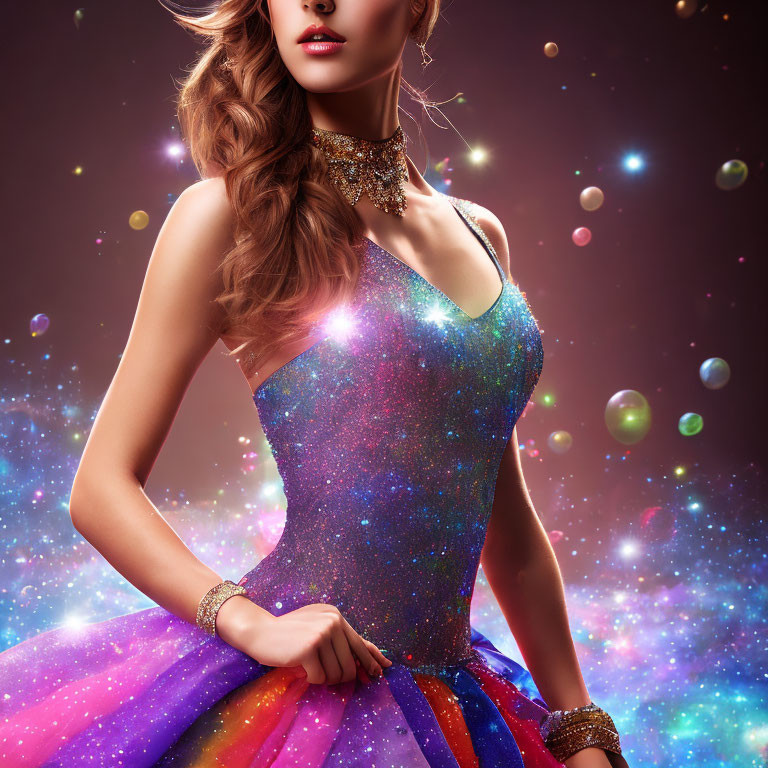 Woman in Multicolored Sparkly Dress Surrounded by Bubbles and Glowing Background