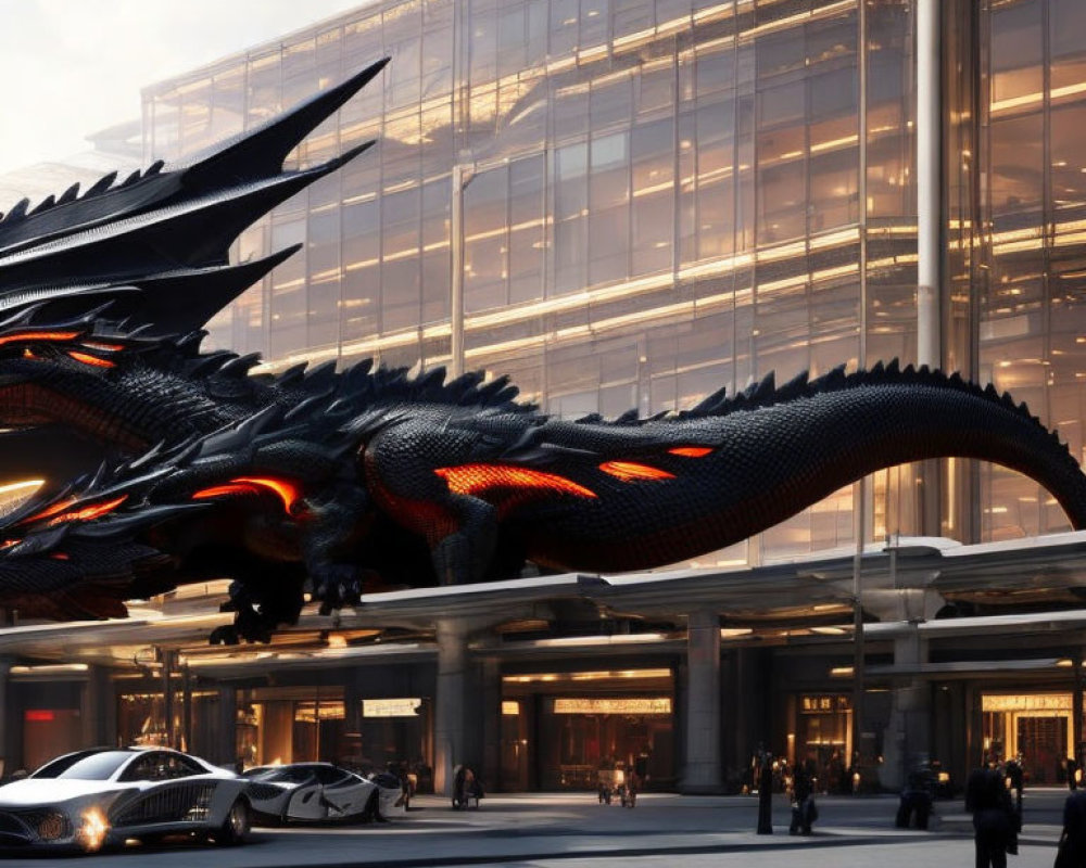 Digital dragon on city street with cars, pedestrians, and high-rise building.