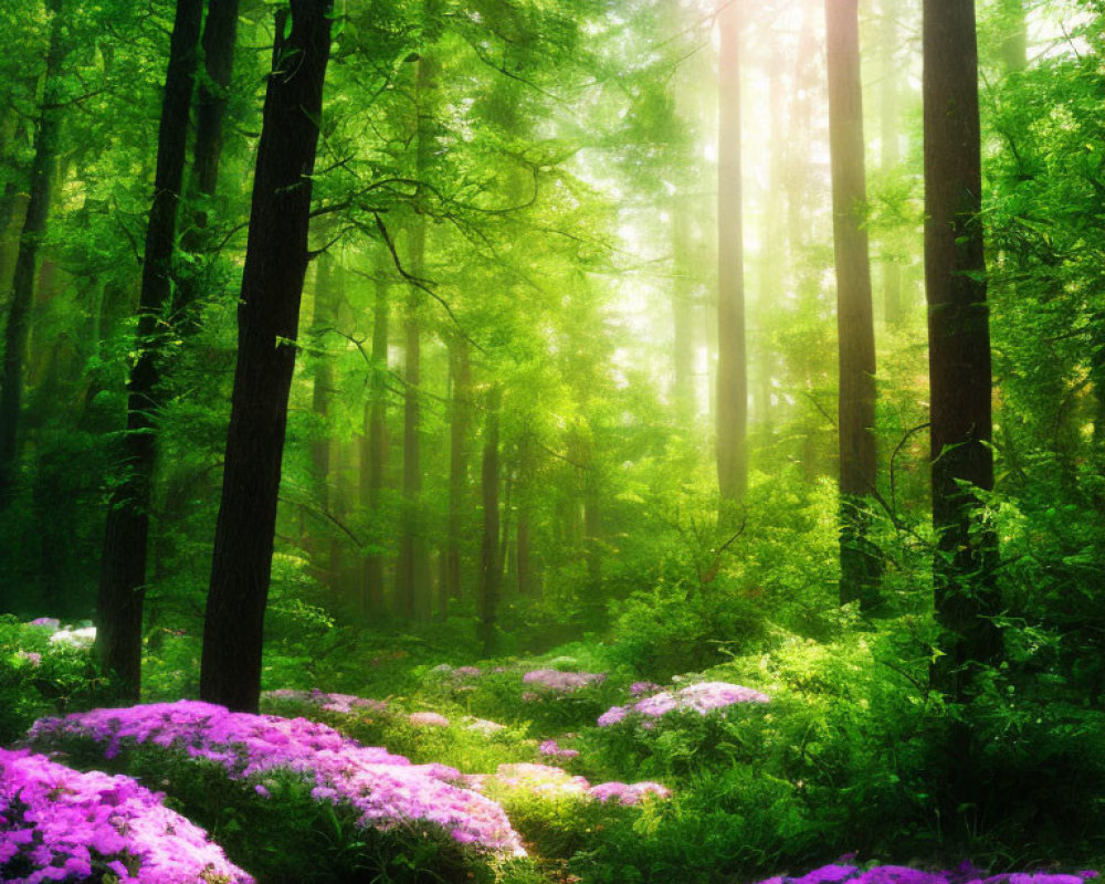 Vibrant green forest with patches of purple flowers under sunlight