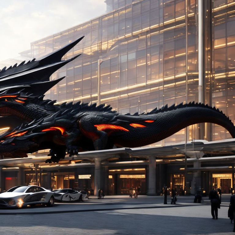 Digital dragon on city street with cars, pedestrians, and high-rise building.