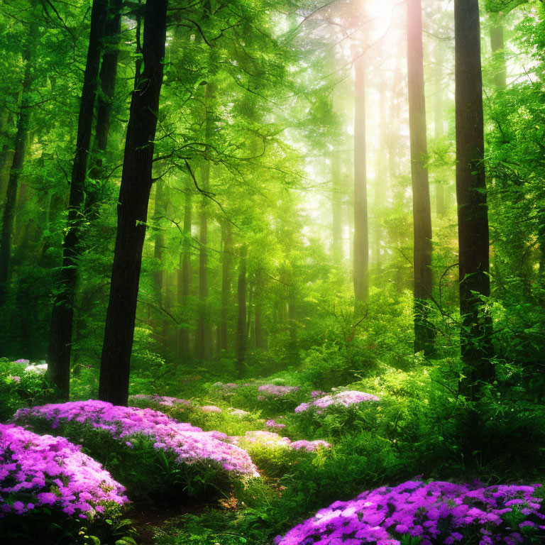 Vibrant green forest with patches of purple flowers under sunlight