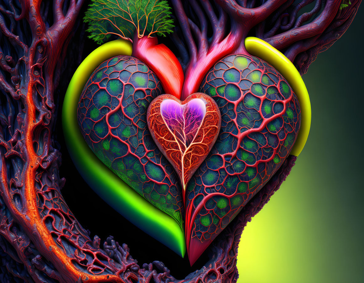 Digital Artwork: Heart with Tree-Like Textures on Dark Background