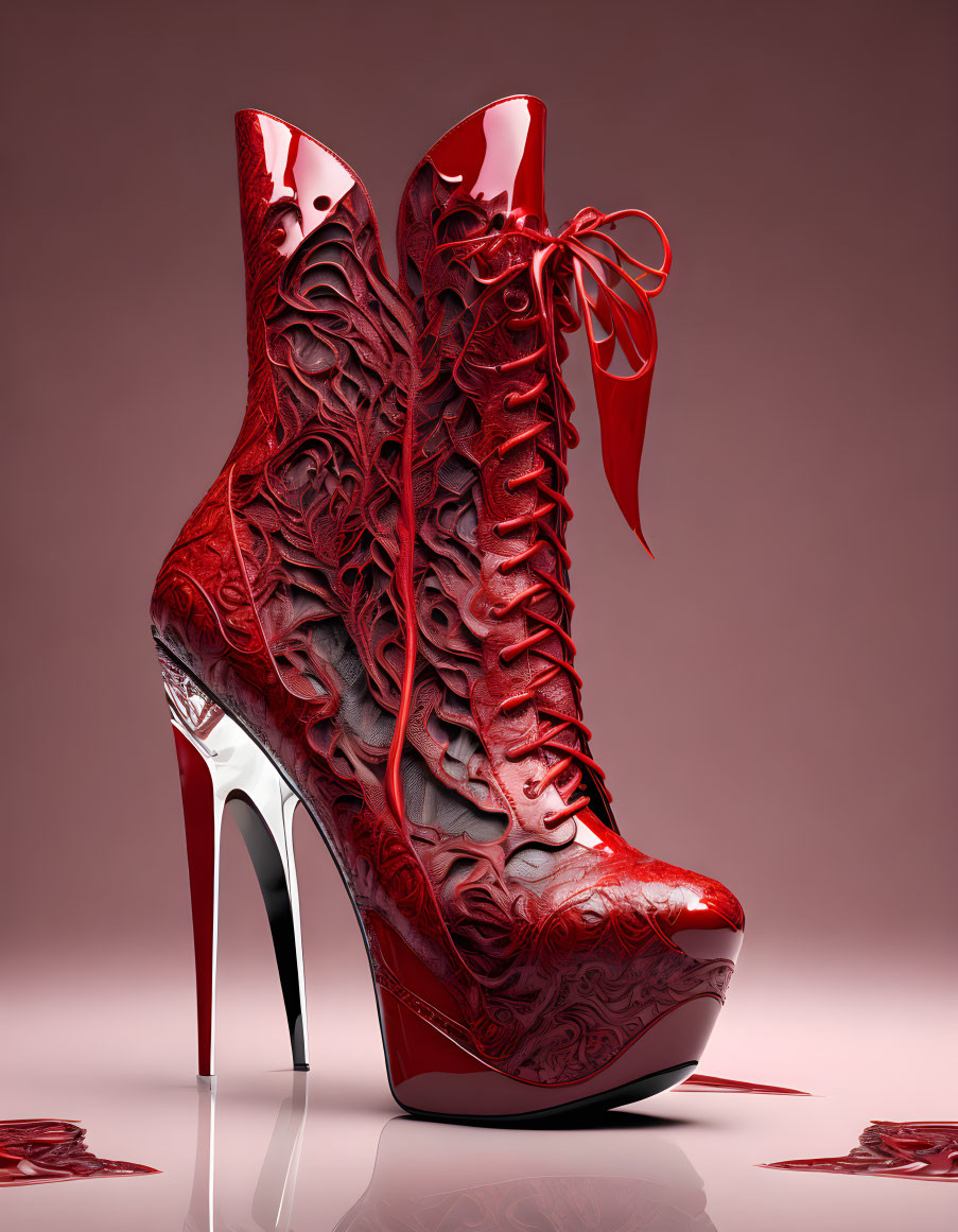 Red High-Heeled Platform Boot with Lace-Up Design on Pink Background