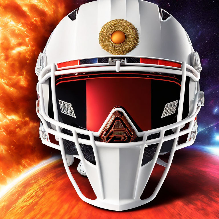 Futuristic Football Helmet with Sci-Fi Theme on Sun and Space Background