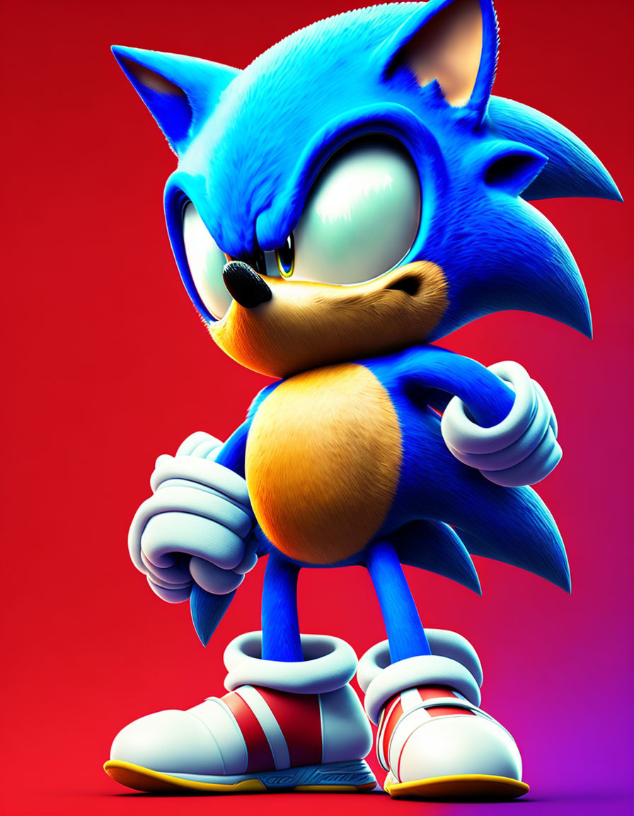 Confident Sonic the Hedgehog 3D rendering on red background