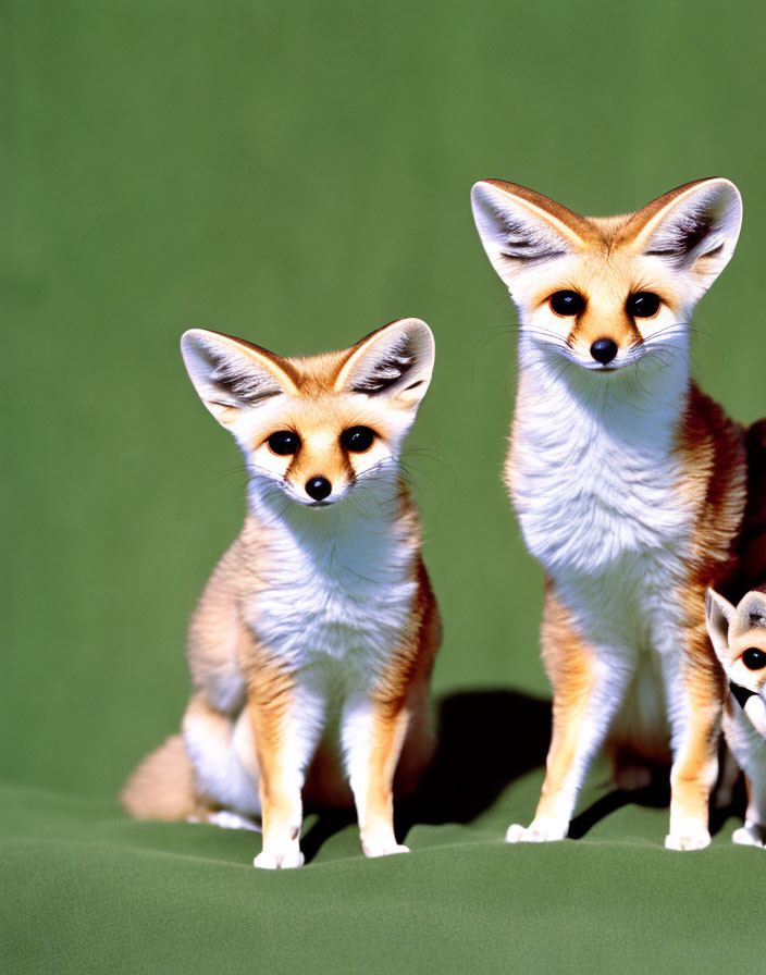 Fennec Foxes with Large Ears and Bright Eyes on Green Background