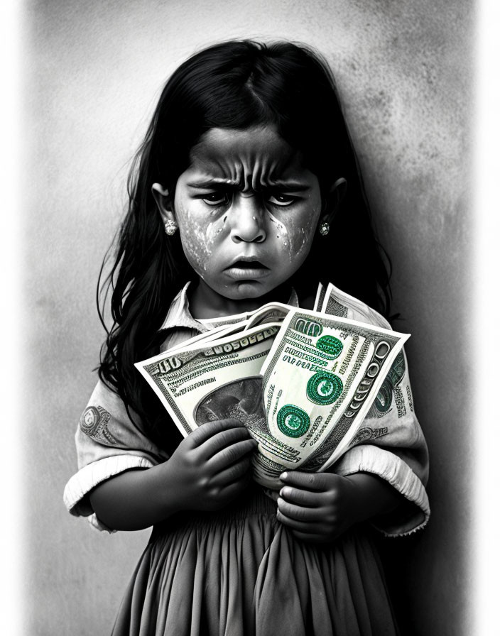 Young girl frowning holding US dollar bills on textured background in monochrome with green accents