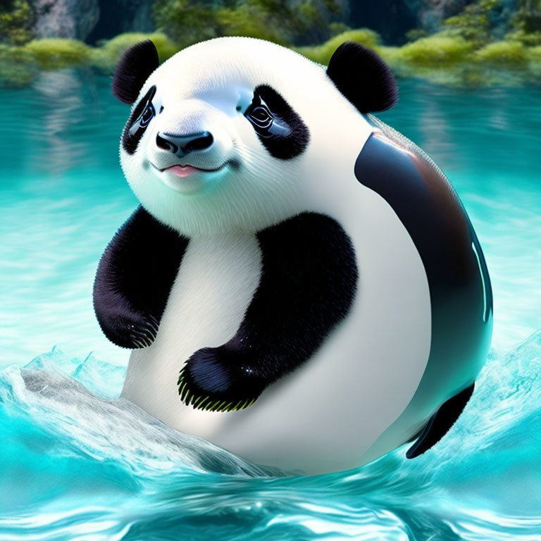 Whimsical panda illustration floating on blue water