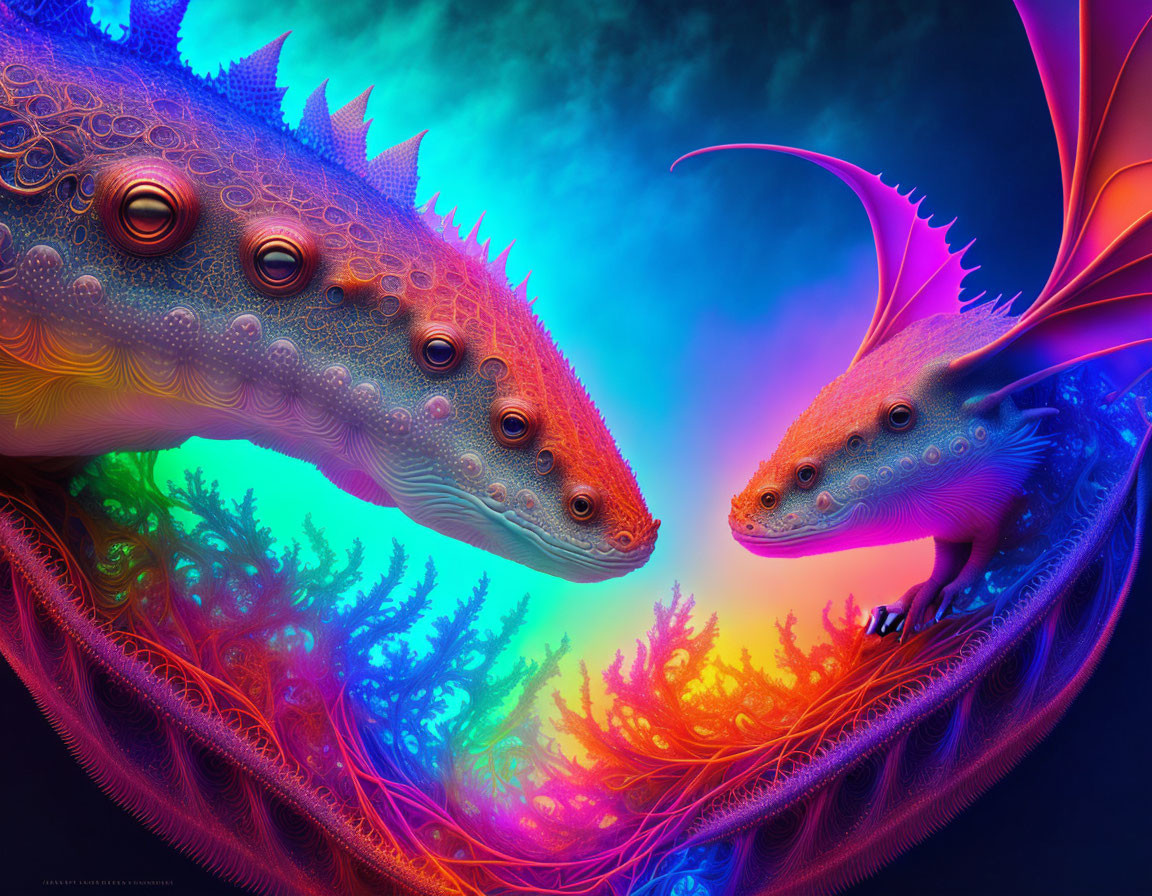 Vibrant colorful dragons in neon-lit coral structures under glowing sky