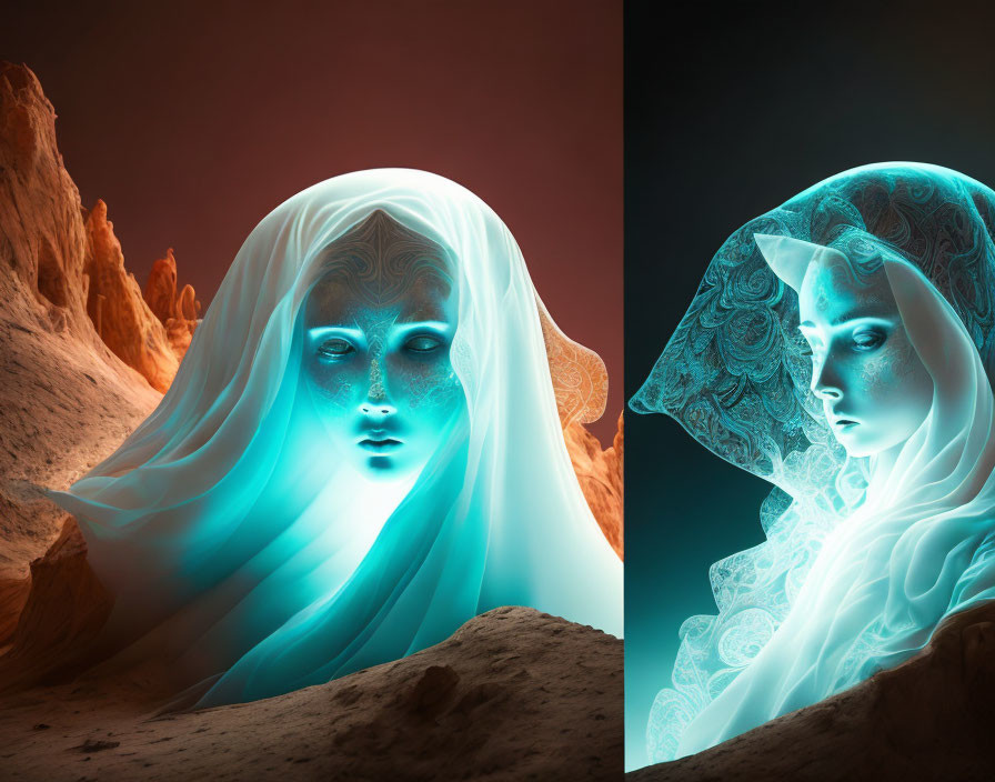 Ethereal figure with glowing blue aura and intricate facial markings in desert scene