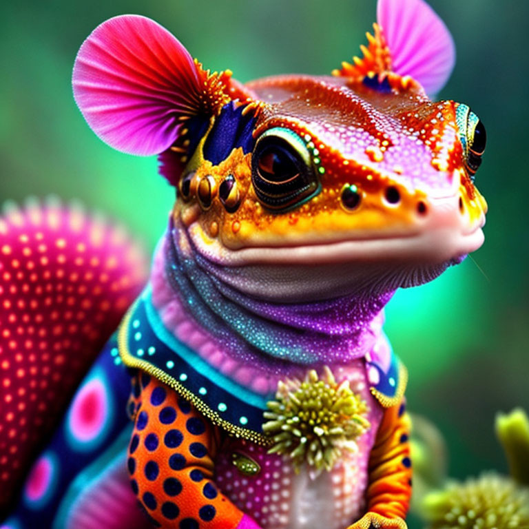 Colorful Digital Art: Vibrant Gecko with Neon Pink Ears, Orange Skin, Blue Spots