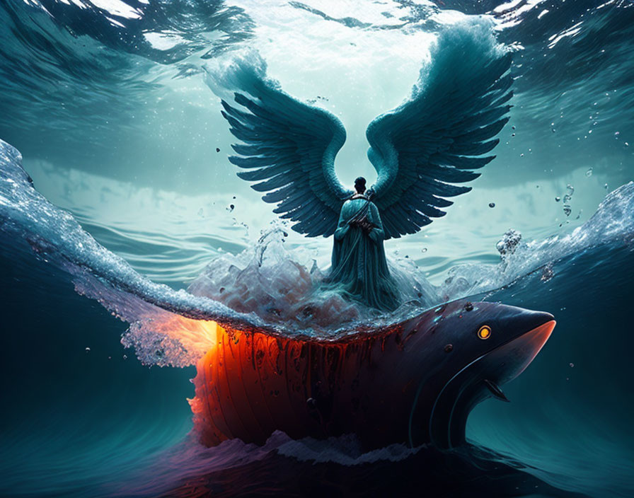 Surreal artwork: person with wings on giant fish in dark ocean
