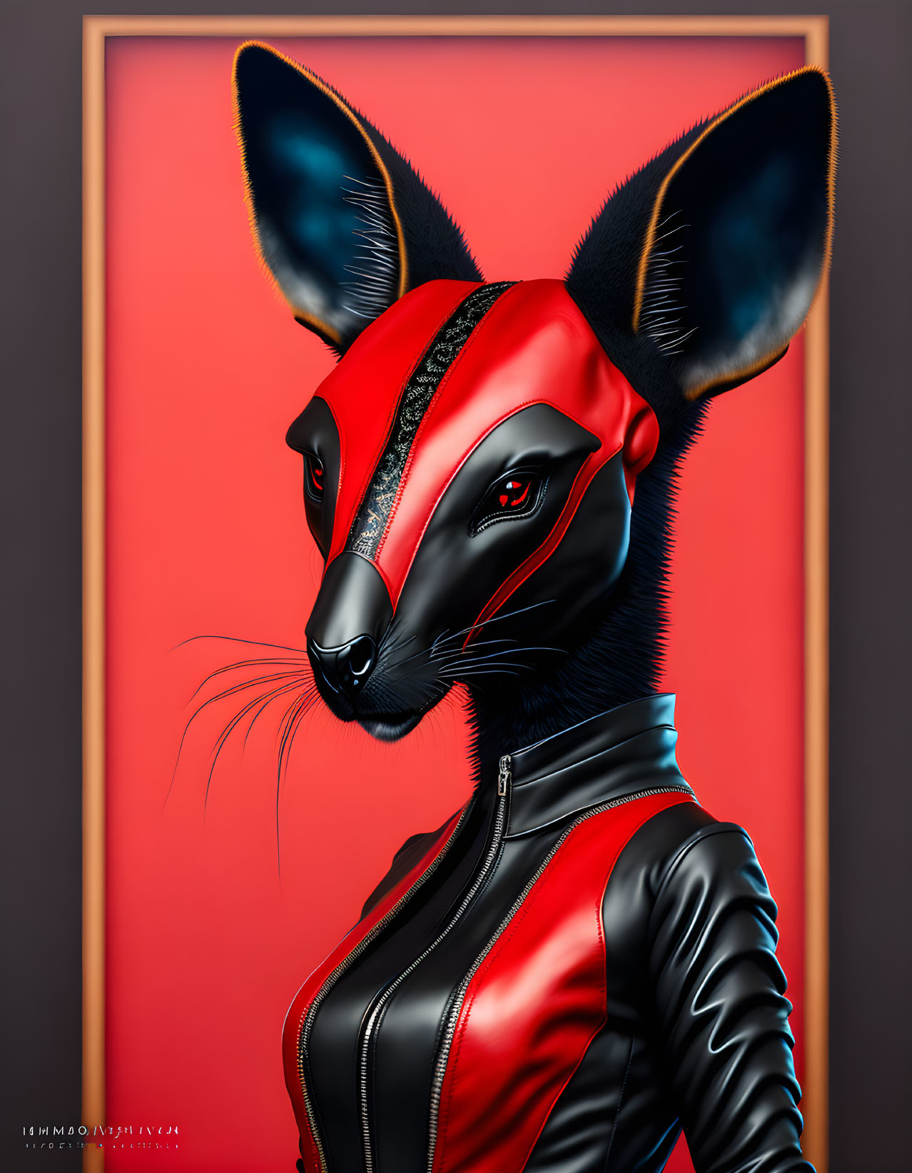 Anthropomorphic Fox-Headed Creature in Red and Black Suit Against Red Background