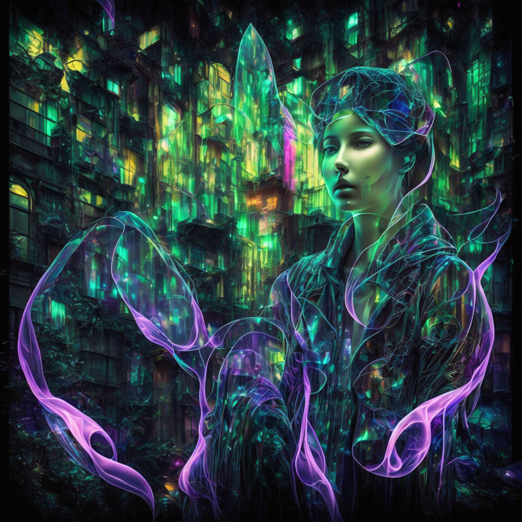 Ethereal female figure with glowing threads and crystals in futuristic cityscape